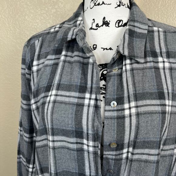 Zara  gray plaid tunic top button up collar flannel long sleeve academia size L - Picture 10 of 16
